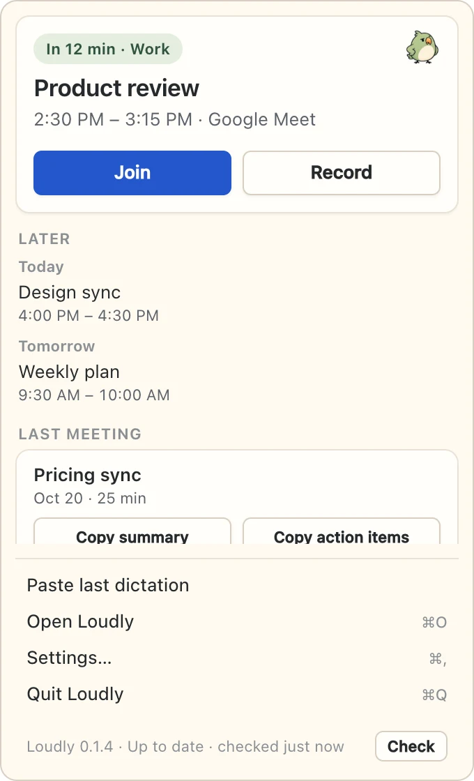 The menu bar popover with Join and Record.